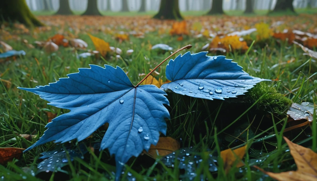 there is a blue leaves that is sitting on the grass, magical blue leaves falling, nature documentry footage, youtube video screenshot, today's featured photography 4k, autumn rain turkel, nature photography 4k, november, cinematic widescreen shot, leaves and magic, high quality screenshot, 2 0 2 1 cinematic 4 k framegrab, wide screenshot
