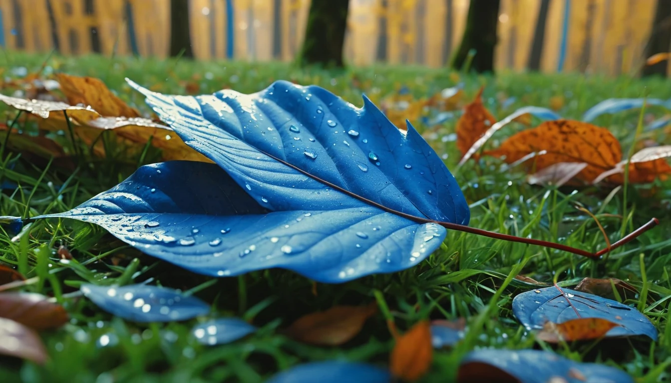 there is a blue leaves that is sitting on the grass, magical blue leaves falling, nature documentry footage, youtube video screenshot, today's featured photography 4k, autumn rain turkel, nature photography 4k, november, cinematic widescreen shot, leaves and magic, high quality screenshot, 2 0 2 1 cinematic 4 k framegrab, wide screenshot