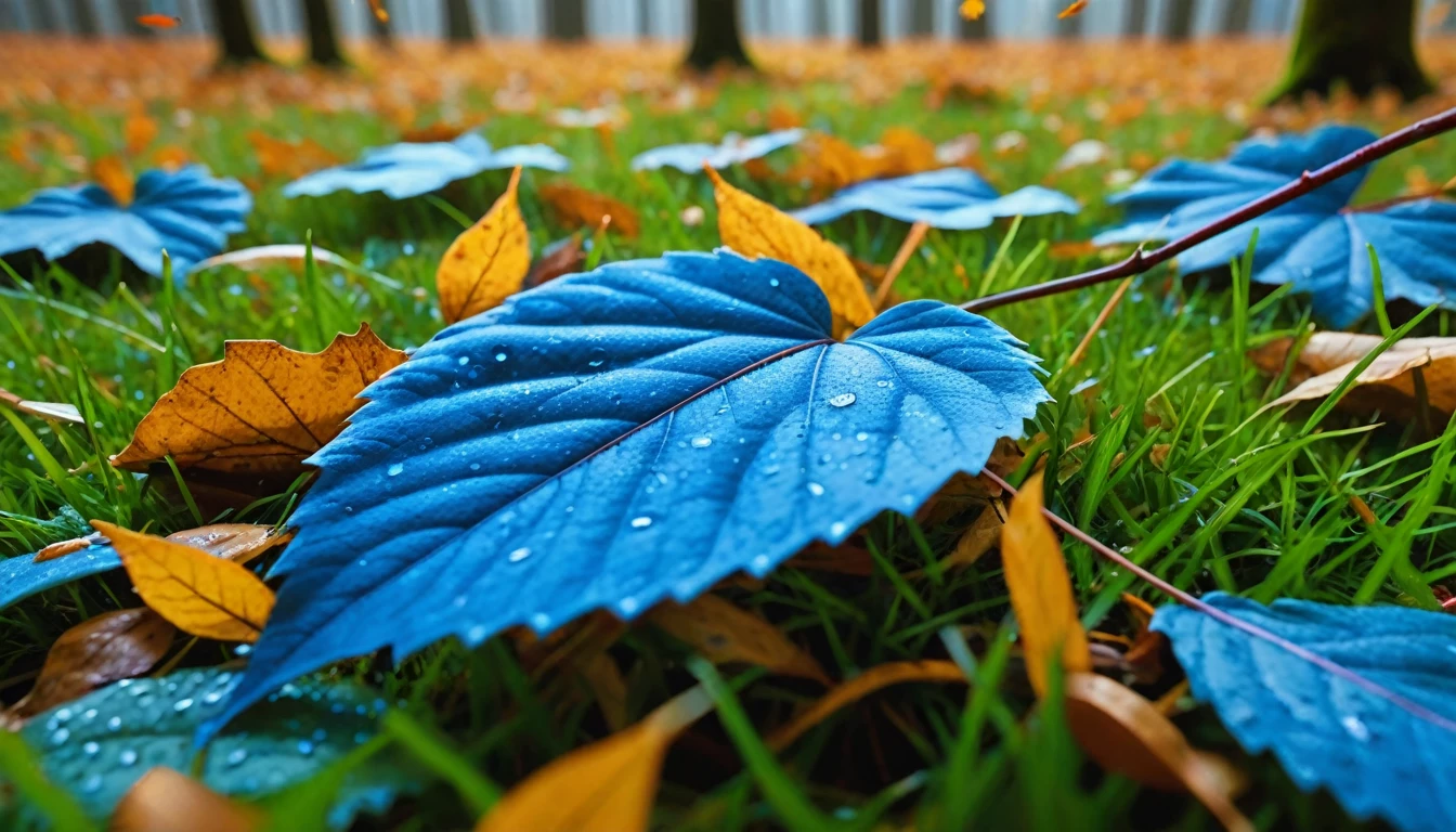 there is a blue leaves that is sitting on the grass, magical blue leaves falling, nature documentry footage, youtube video screenshot, today's featured photography 4k, autumn rain turkel, nature photography 4k, november, cinematic widescreen shot, leaves and magic, high quality screenshot, 2 0 2 1 cinematic 4 k framegrab, wide screenshot