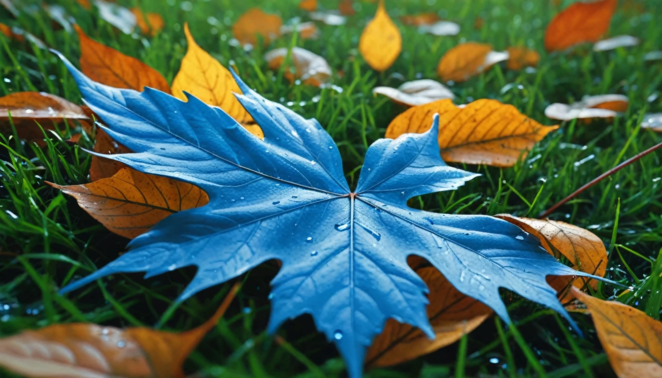 there is a blue leaves that is sitting on the grass, magical blue leaves falling, nature documentry footage, youtube video screenshot, today's featured photography 4k, autumn rain turkel, nature photography 4k, november, cinematic widescreen shot, leaves and magic, high quality screenshot, 2 0 2 1 cinematic 4 k framegrab, wide screenshot