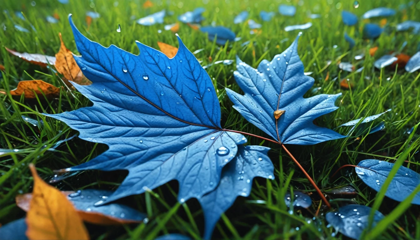 there is a blue leaves that is sitting on the grass, magical blue leaves falling, nature documentry footage, youtube video screenshot, today's featured photography 4k, autumn rain turkel, nature photography 4k, november, cinematic widescreen shot, leaves and magic, high quality screenshot, 2 0 2 1 cinematic 4 k framegrab, wide screenshot