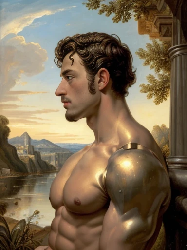 Side view, oil painting, style of Peter Paul Rubens, a humanoid male robot, mechanical parts, head, chest, abs, shirtless, flaccid , ((landscape background)), classic art, neoclassic, regency era, perfect composition, canvas texture
