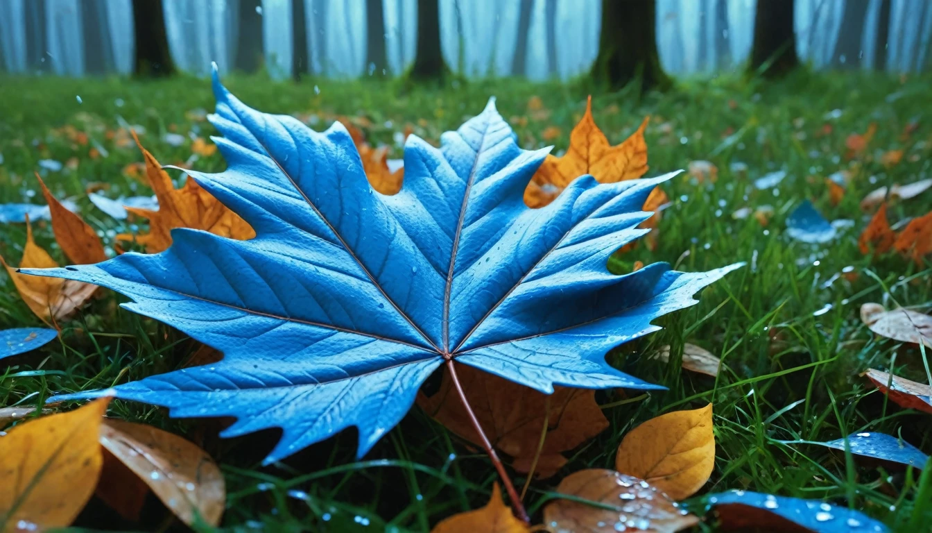 there is a blue leaves that is sitting on the grass, magical blue leaves falling, nature documentry footage, youtube video screenshot, today's featured photography 4k, autumn rain turkel, nature photography 4k, november, cinematic widescreen shot, leaves and magic, high quality screenshot, 2 0 2 1 cinematic 4 k framegrab, wide screenshot