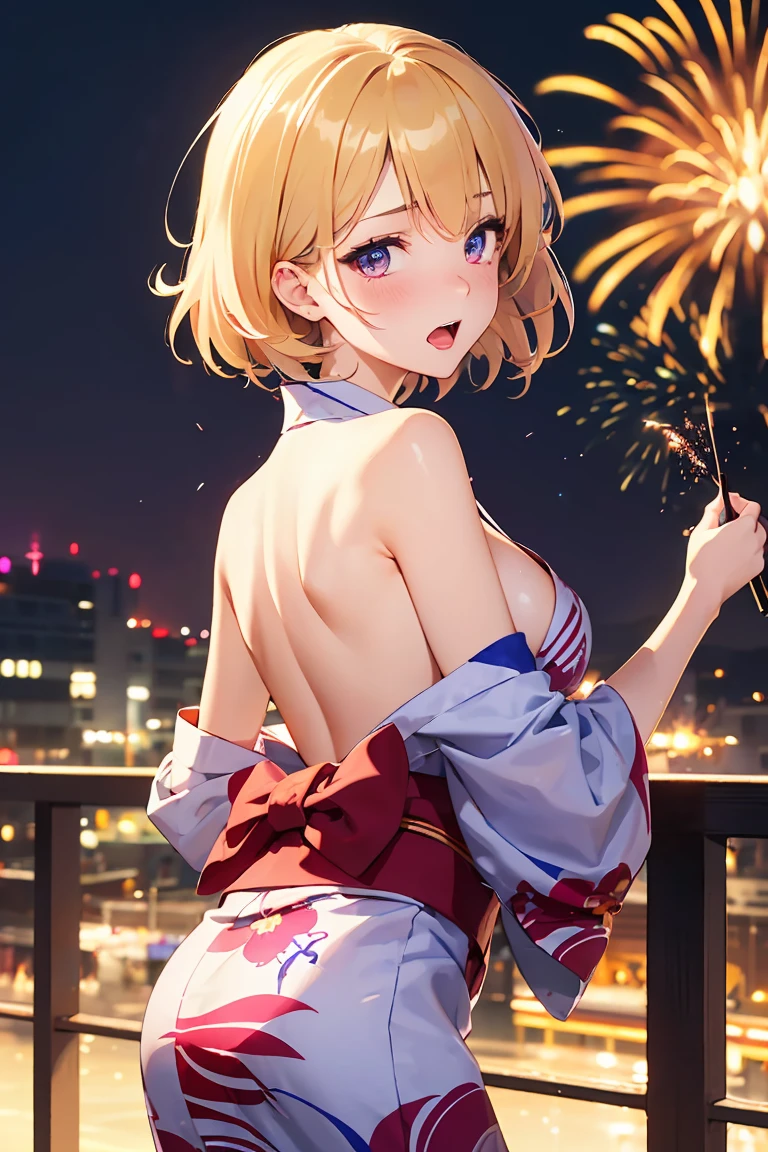 masterpiece, absurdres, best quality, ultra detailed, high Resolution, detailed illustration, bright colour, (extremely beautiful detailed face and eyes, Delicate beautiful face, 1 girl, 18yo, cute face:1.3), (magenta eyes:1.1), sparkling eyes, big eyes, (medium breasts:1.3), (perky breasts:1.1), (pointy breasts:1.1), medium hips, glamorous body, white skin, BREAK, (blonde hair:0.8), messy hair, detailed hair, shiny hair, BREAK (yukata, undressed:1.3), perfect lighting, (ecstasy, vulgarity:1.5), (embarrassed:1.3), (firework:1.2), From behind,