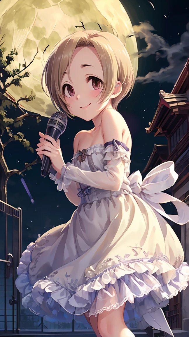 masterpiece, Highest quality, High resolution, Very detailed,(((Koume Shirasaka))), (((naked)))、(((Holding a microphone。)))、(((smile)))、(((full moon)))、(((Night Sky)))