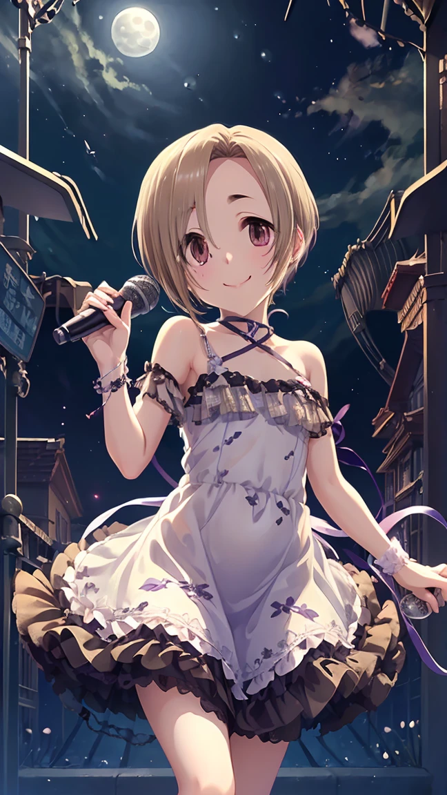 masterpiece, Highest quality, High resolution, Very detailed,(((Koume Shirasaka))), (((naked)))、(((Holding a microphone。)))、(((smile)))、(((full moon)))、(((Night Sky)))