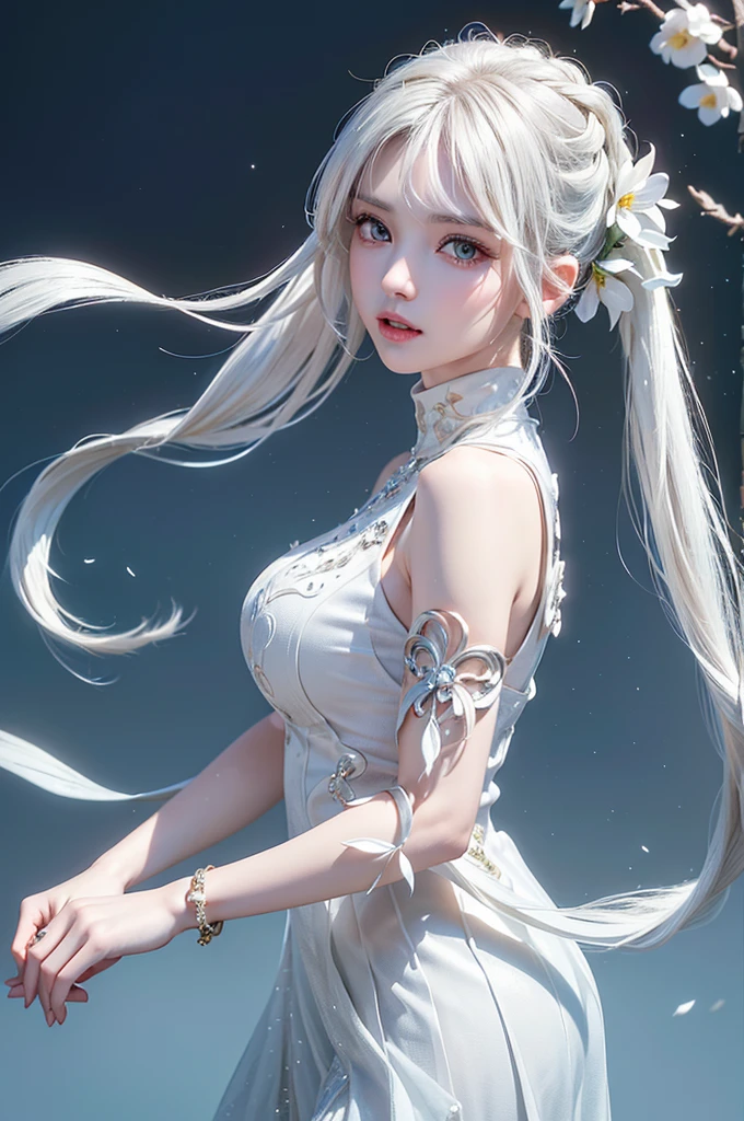 (Girl standing on the balcony of an old castle),((Bust up photo)),((masterpiece:1.5、8K、Portraiture、フォトリアリスティックでVery detailedなCG、Very detailed、Particle Effects、Dynamic Effects、Written boundary depth、Cinematic Light、Lens flare、Ray Tracing、Tabletop、Realistic:1.4、Ultra-high resolution:1.2、Realistic、Realistic))((alone、,Woman in turtleneck dress:1.4、Model-like pose:、Side bust、Ample breasts、Detailed face、Bright expression、young, Brighter, Whiter skin、Best Looks、Ultimate beauty、White hair with shiny highlights:1.8、bright and shiny hair,、Super long, Silky straight hair、Hair swaying in the wind))(Wonderful transparent flower々Surrounded by、White Background、Great background、Thin petals fluttering down)、(The Milky Way is visible in the background)