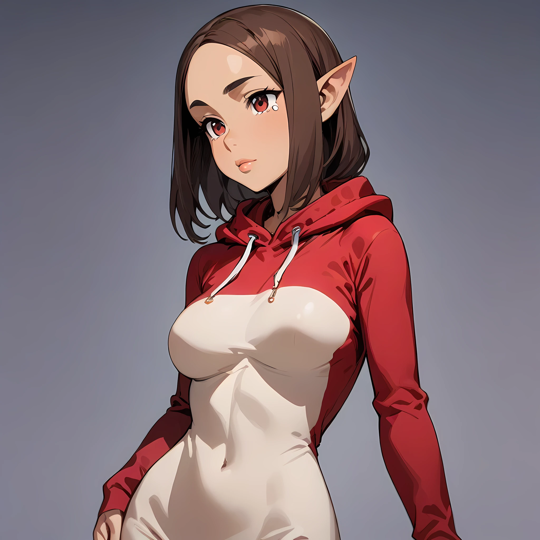 ((masterpiece,best quality)), highly detailed, 1 human_girl, 16 year old, Teardrop_breasts, wearing a Fleece-lined hoodie dress, showcasing her beautiful figure and her dress, Eyes: Deep-set, hazel with green flecks, Nose: Straight and slender, Lips: Full, deep red, Hair: Long, wavy, dark brown, Skin Tone: Fair with a cool undertone, Eyebrows: Medium thickness, gently arched, Cheekbones: High and sculpted, Chin: Pointed, Ears: Medium-sized and slightly visible, Expression: Graceful and introspective