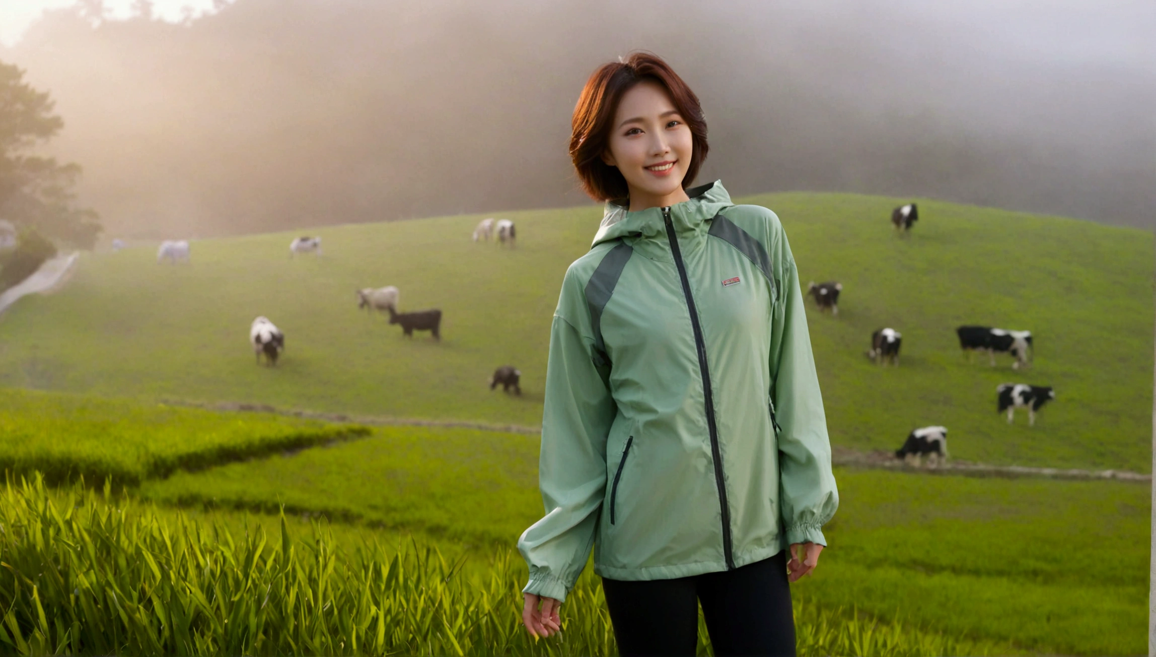 high quality, 1 woman, ((36-year-old healthy Korean woman)), ((36 years old)), 1 woman, eyes are big and beautiful. ((slim)), ((short medium hair)), Smile. pose: standing, gray and light green luxury brand windbreaker jacket, background: 1 woman, California, USA, pasture, Cow, grass, Dawn fog. Full body shot with 16-34 wide angle lens, looking up the side, morning red sunlight, Make the whole body visible