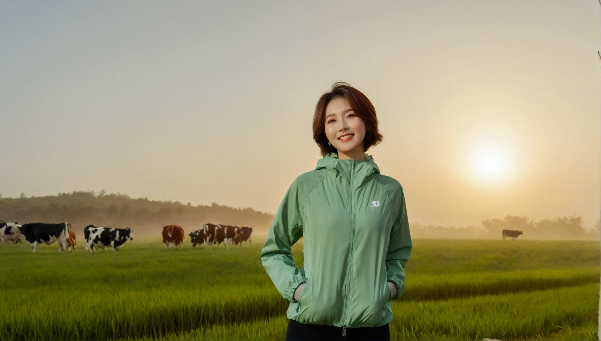 high quality, 1 woman, ((36-year-old healthy Korean woman)), ((36 years old)), 1 woman, eyes are big and beautiful. ((slim)), ((short medium hair)), Smile. pose: standing, gray and light green luxury brand windbreaker jacket, background: 1 woman, California, USA, pasture, Cow, grass, Dawn fog. Full body shot with 16-34 wide angle lens, looking up the side, morning red sunlight, Make the whole body visible