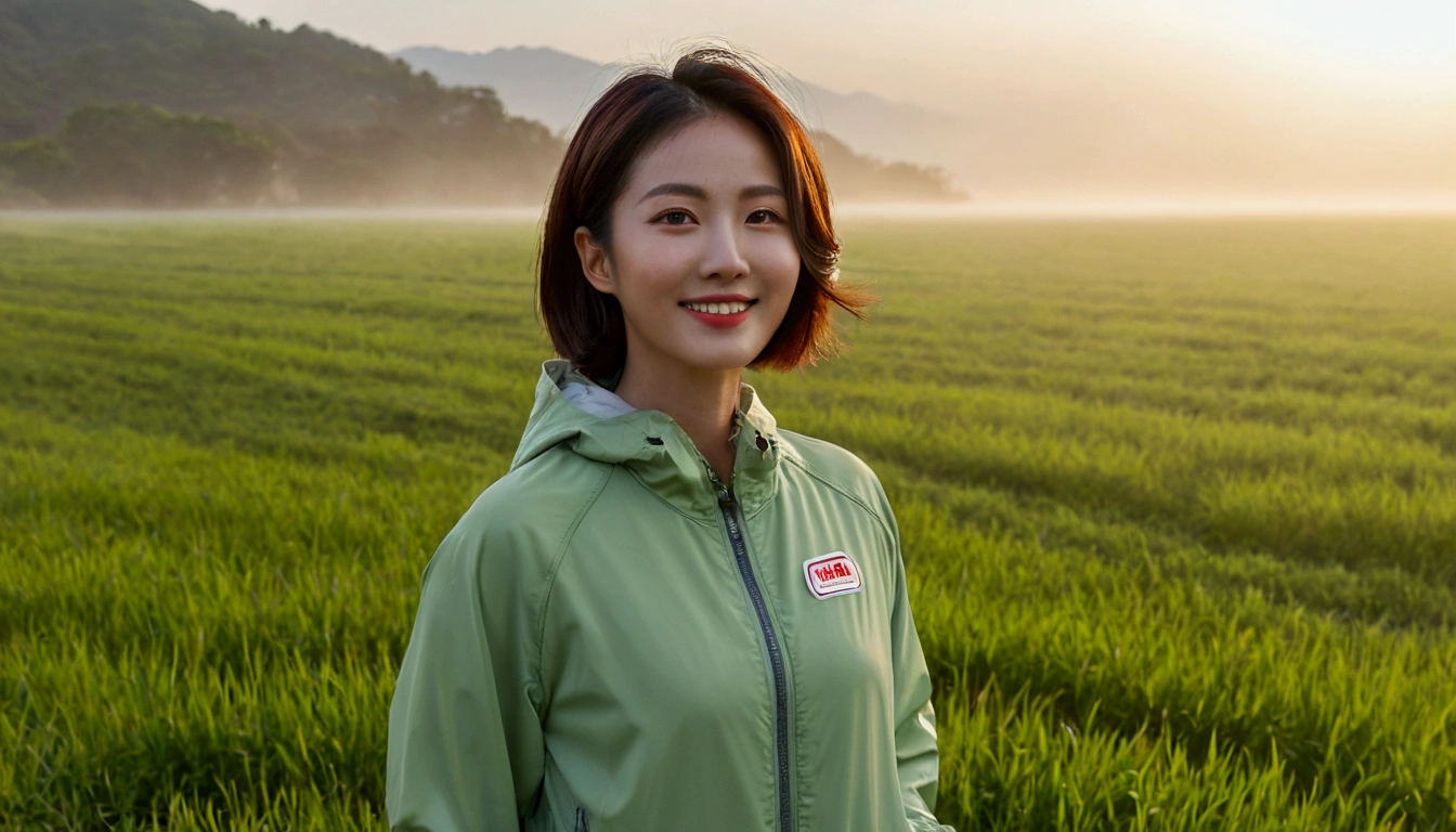 high quality, 1 woman, ((36-year-old healthy Korean woman)), ((36 years old)), 1 woman, eyes are big and beautiful. ((slim)), ((short medium hair)), Smile. pose: standing, gray and light green luxury brand windbreaker jacket, background: 1 woman, California, USA, pasture, Cow, grass, Dawn fog. Full body shot with 16-34 wide angle lens, looking up the side, morning red sunlight, Make the whole body visible