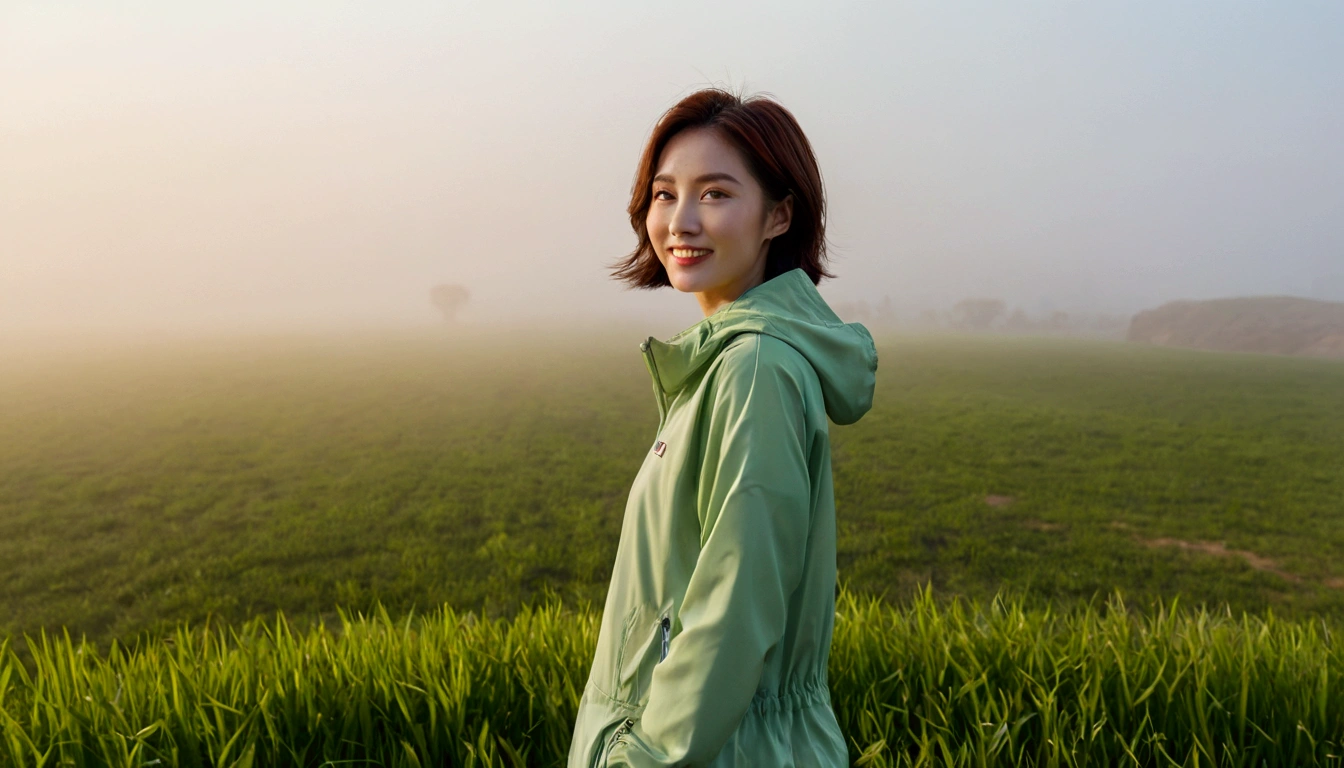 high quality, 1 woman, ((36-year-old healthy Korean woman)), ((36 years old)), 1 woman, eyes are big and beautiful. ((slim)), ((short medium hair)), Smile. pose: standing, gray and light green luxury brand windbreaker jacket, background: 1 woman, California, USA, pasture, Cow, grass, Dawn fog. Full body shot with 16-34 wide angle lens, looking up the side, morning red sunlight, Make the whole body visible