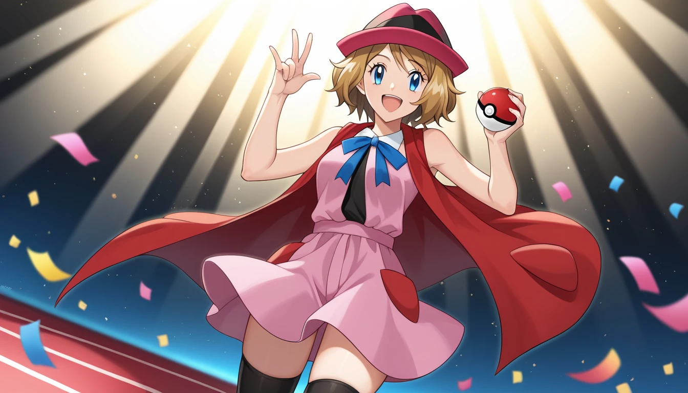 score_9, score_8_up, score_7_up, source_anime, rating_safe, BREAK serena \(pokemon\), 1girl, blue eyes, eyelashes, short hair, blonde hair, hat, neck ribbon, blue ribbon, pink shirt, sleeveless, bare arms, red jacket, pink skirt, black thighhighs, dutch angle, hand up, smile, happy, open mouth, holding poke ball, light particles, light rays, dutch angle, aura, backlighting, confetti, light particles, light rays, stage, stage lights, spot light