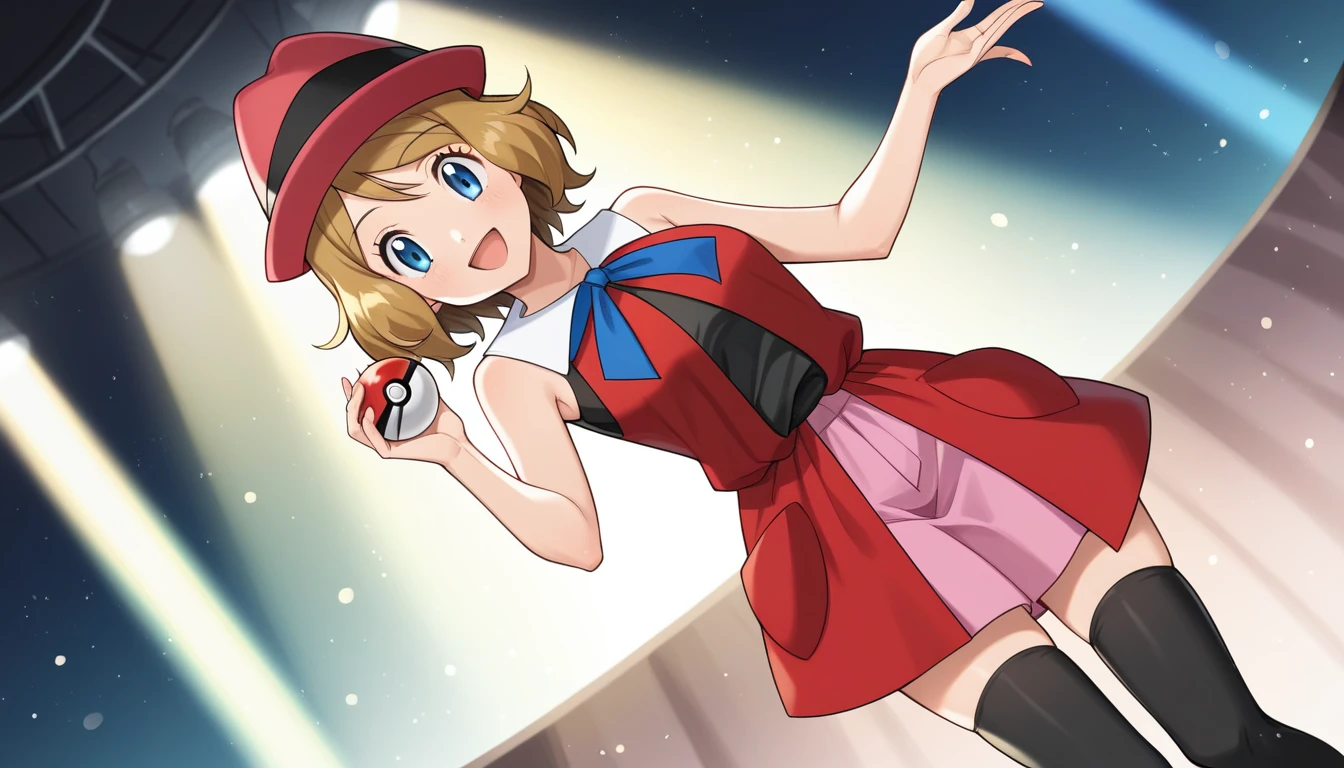 score_9, score_8_up, score_7_up, source_anime, rating_safe, BREAK serena \(pokemon\), 1girl, blue eyes, eyelashes, short hair, blonde hair, hat, neck ribbon, blue ribbon, pink shirt, sleeveless, bare arms, red jacket, pink skirt, black thighhighs, dutch angle, hand up, smile, happy, open mouth, holding poke ball, light particles, light rays, dutch angle, aura, backlighting, confetti, light particles, light rays, stage, stage lights, spot light