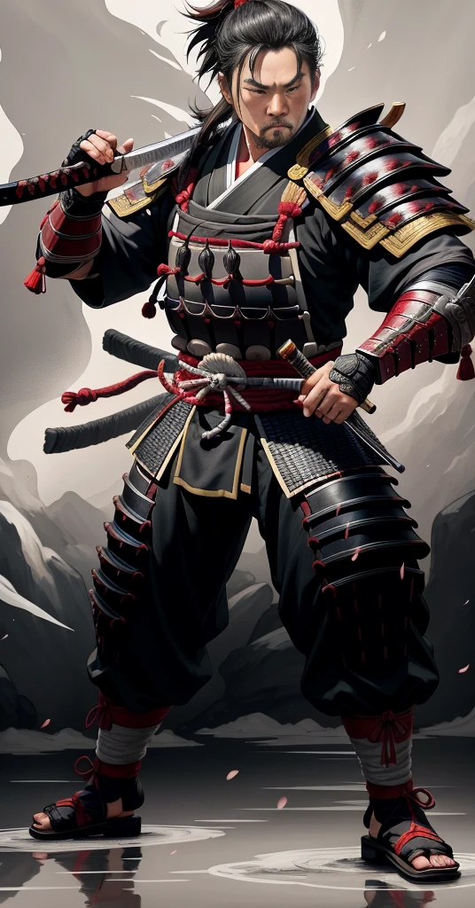 Front view, A skilled samurai with traditional armor, a sharp katana, and a calm expression, reflecting his mastery in combat. RPG character, cartoon, simple art