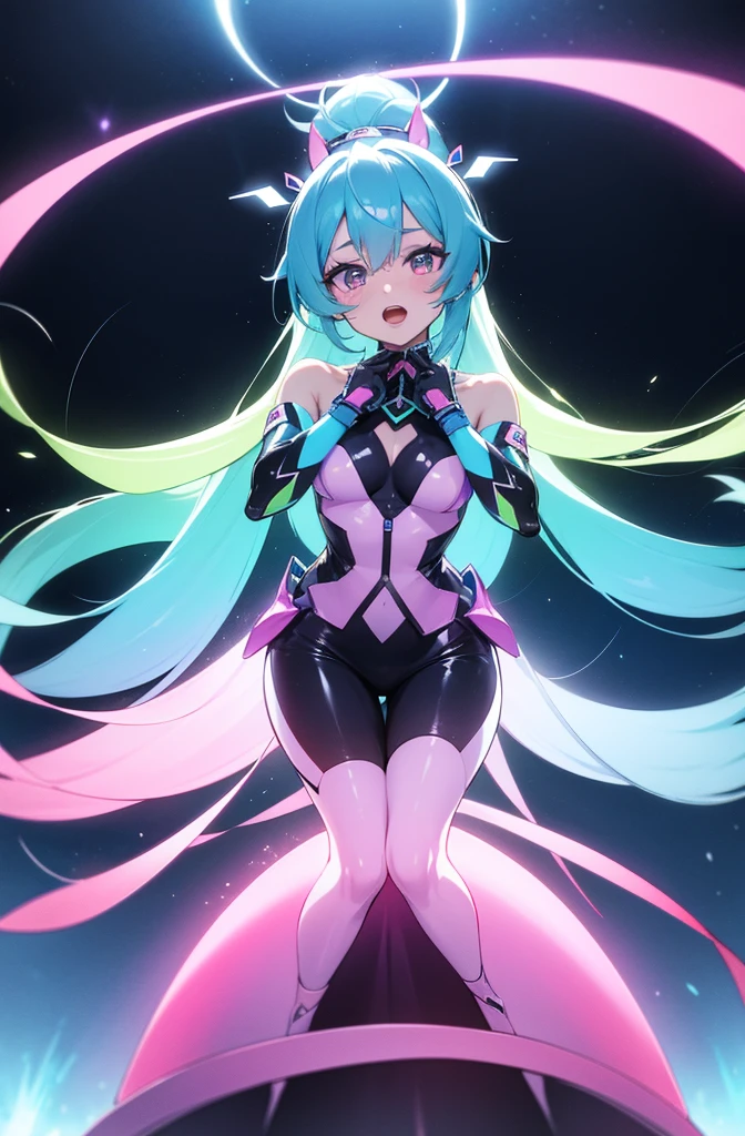 The character "Mizuki Hikari" has a vibrant and modern appearance, typical of a pop artist. She has long shiny hair, maybe in shades of blue or pastel pink, that reflect light as if they were made of luminous threads. Your eyes are big and expressive, highlighted by light makeup, BUT MODERN, that enhances your look during your presentations. Hikari wears colorful and futuristic clothes, as a stage costume with holographic elements and luminous accessories that complement your contagious energy while singing and dancing.