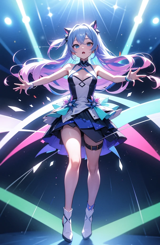 The character "Mizuki Hikari" has a vibrant and modern appearance, typical of a pop artist. She has long shiny hair, maybe in shades of blue or pastel pink, that reflect light as if they were made of luminous threads. Your eyes are big and expressive, highlighted by light makeup, BUT MODERN, that enhances your look during your presentations. Hikari wears colorful and futuristic clothes, as a stage costume with holographic elements and luminous accessories that complement your contagious energy while singing and dancing.