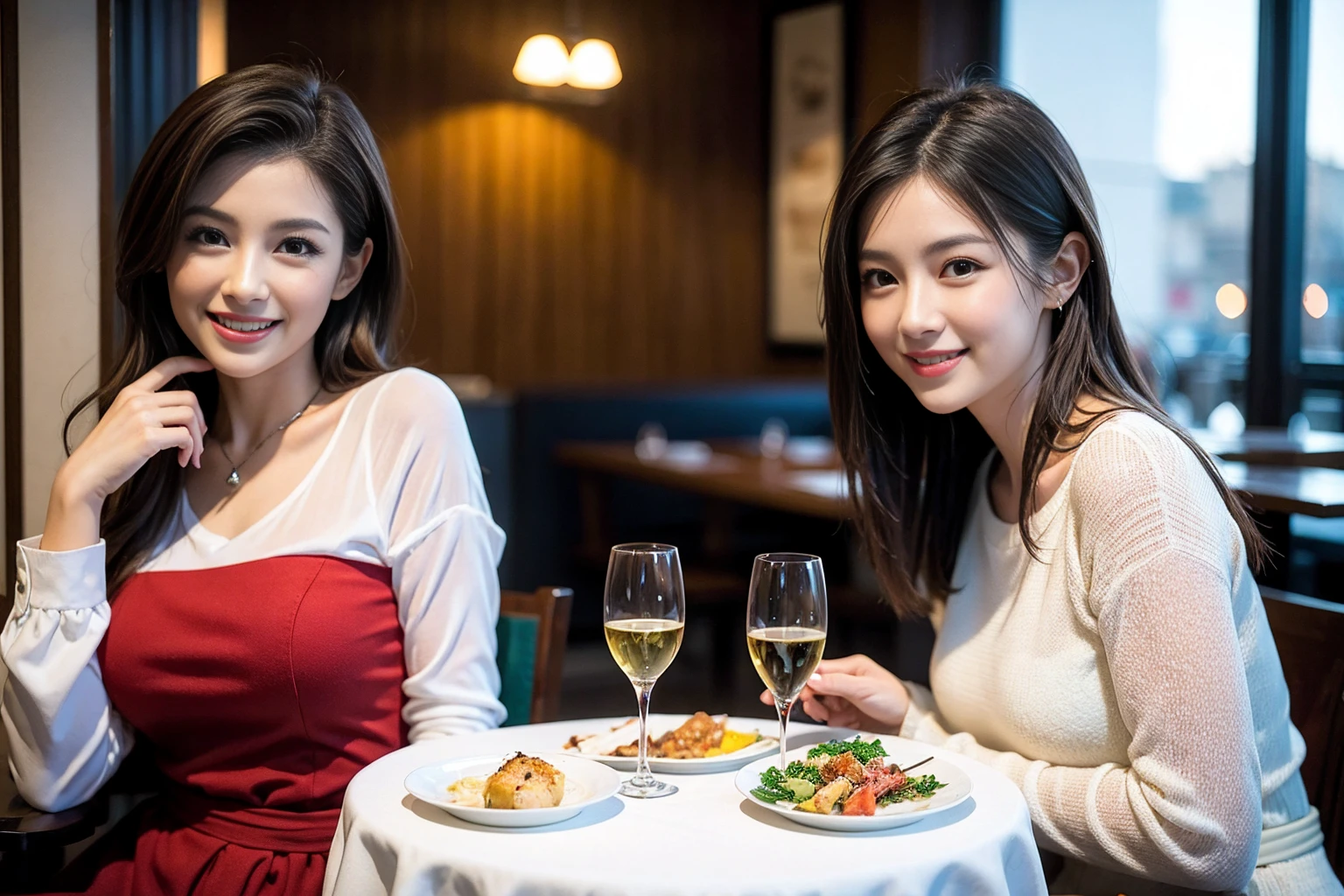 ((Highest quality、8K、masterpiece:1.3))、Shortcuts、cute、slimカップル、modelカップル、actress男優、(Realistic, Intricate details:1.2), full-course dinner、Wine Party、Amazing view of the sunset sky and clouds、A bright smile、short hair,Bright Face、 (Age 45), 42 years old, red wine 、Appetizers、Italian food、Wine bottle、Champagne、sparkling wine、Two beauties、Brown Hair、Shortcuts、Long sleeve shirt、dress、Beautiful woman 1, (slimな顔), (The body is slim), (Brown Hair), (Shortcuts), cheeks turn a little red,Attractive beauty、restaurant, In a prominent place (From the waist up) Nova Frog Style, actress, model, Upper Body, White wine, slim, wine glass, 中央に置かれたwine glass, smile, (smile: 1.15), Beautiful fine grain, Depth f/2,saturation, High Contrast, Strong light and shadow,Moist Body:1.5、3D texture、Delicate eyes、Brown Hair、The hair is very shiny、