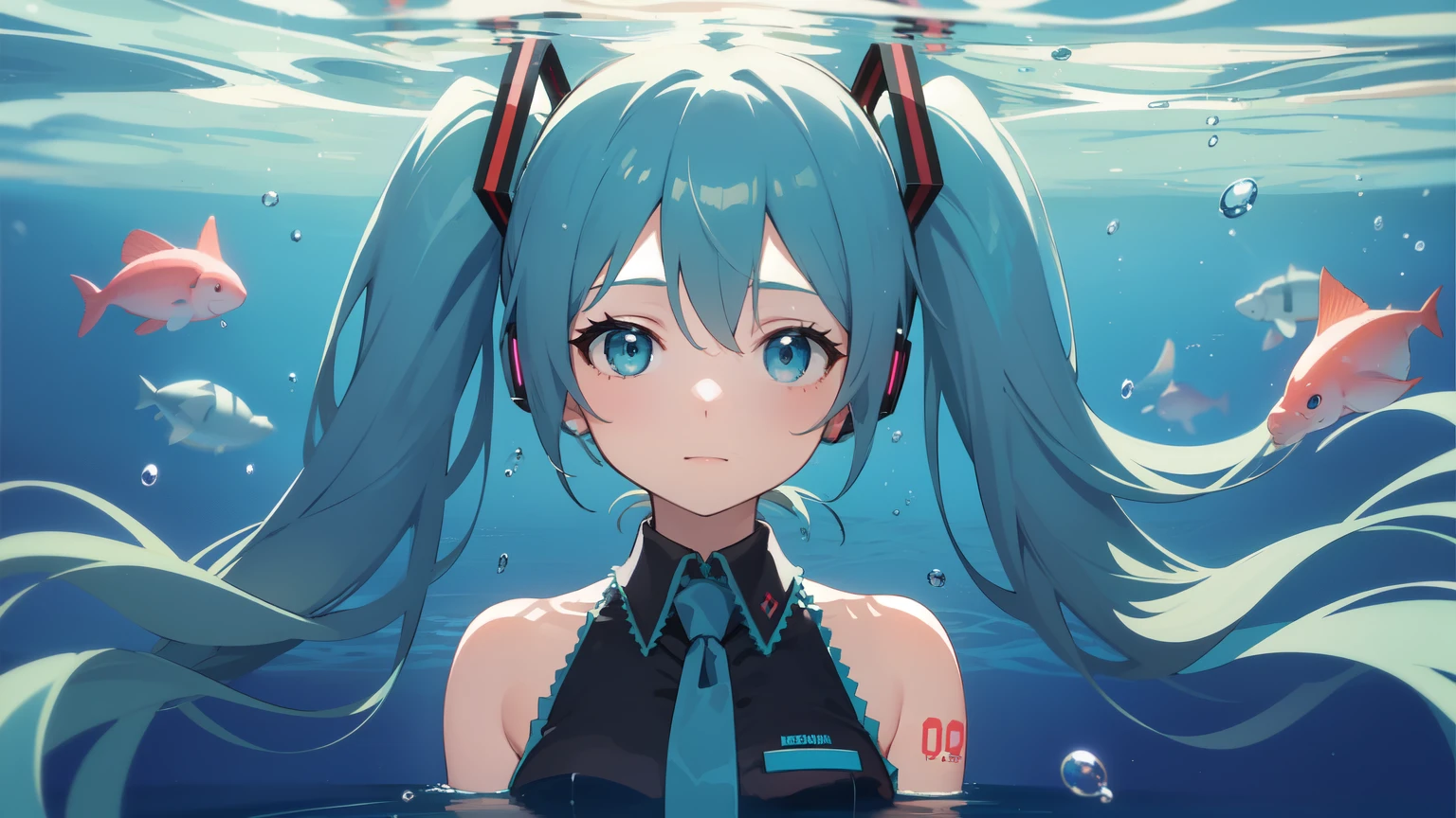 ((Highest quality)), ((masterpiece)), (detailed), One girl, Hatsune Miku,海の中に沈んでいくHatsune Miku,deep sea,Sea,Being in the sea,In the water,