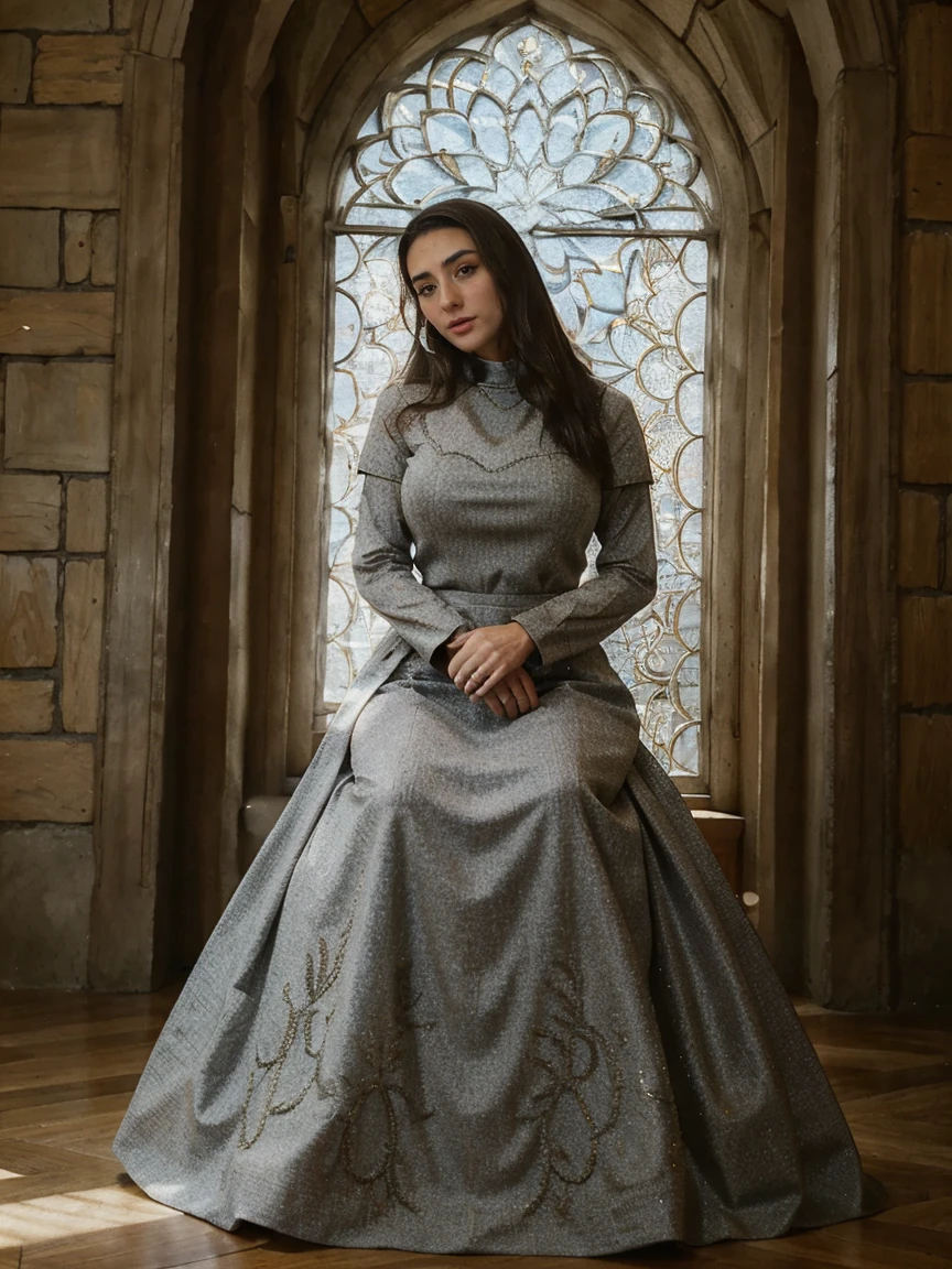 Beautiful and regal, imperious and aloof, busty athletic (thin) brunette queen with sharp facial features wearing a modest updo, dark red medieval dress, long sleeves, intricate patterns, scrollwork, wide neck, crown, veil, long dress, modest dress, tight bodice, (silver waist chain), medieval jewelry, Middle Ages, castle, rampart, wall, stained glass