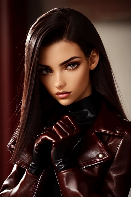 Female, 23 years old+ with a perfect figure, hands in the chest area In a burgundy leather jacket and a black pencil skirt, leather gloves, boots, Chest decoration, Medium breasts, full height , Photo, high quality, detailed parts of the face, holding a phone in his right hand