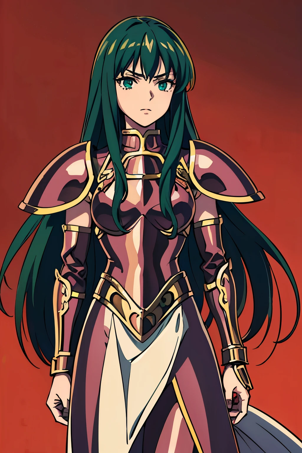 (high-quality, breathtaking),(expressive eyes, perfect face) 1female, Symmetrical Eyes, girl , solo, adult , portrait, dark green colored hair, red coloured eyes, stylised hair, neutral expression, soft smile, medium length hair, loose hair, side bangs, wavy hair, slightly narrow eyes, looking at viewer, black armor, red trim, fantasy armor, corruption theme, Sasha Saint Seiya Lost Canvas, Goddess Athena, haunting red background, athenaCloth_armor, Saint Seiya Armor, full plate, long sleeved shirt, gauntlets, shoulder pads, BlackKnight_fe
