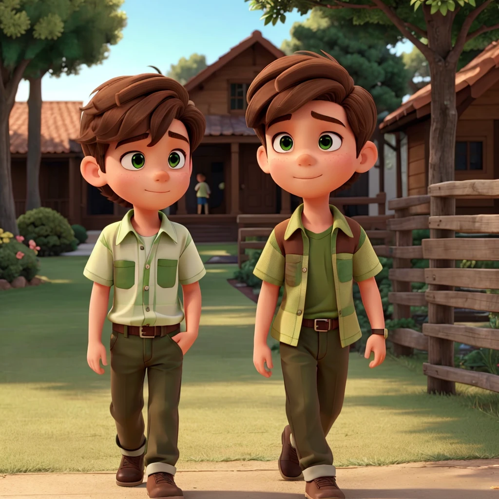 A boy with brown hair and a green shirt walks into his friend's entertainment company