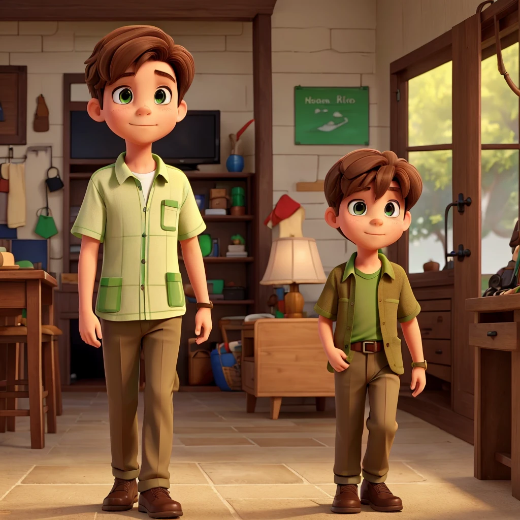 A boy with brown hair and a green shirt walks into his friend&#39;s entertainment company