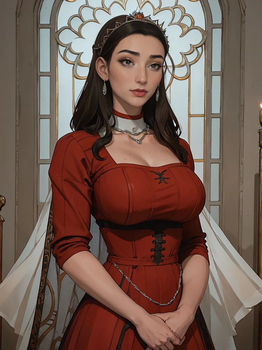 Beautiful and regal, imperious and aloof, busty athletic (thin) brunette queen with sharp facial features wearing a modest updo, dark red medieval dress, long sleeves, intricate patterns, scrollwork, wide neck, crown, veil, long dress, modest dress, tight bodice, (silver waist chain), medieval jewelry, Middle Ages, castle, rampart, wall, stained glass