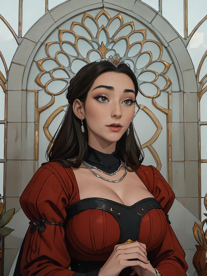 Beautiful and regal, imperious and aloof, busty athletic (thin) brunette queen with sharp facial features wearing a modest updo, dark red medieval dress, long sleeves, intricate patterns, scrollwork, wide neck, crown, veil, long dress, modest dress, tight bodice, (silver waist chain), medieval jewelry, Middle Ages, castle, rampart, wall, stained glass