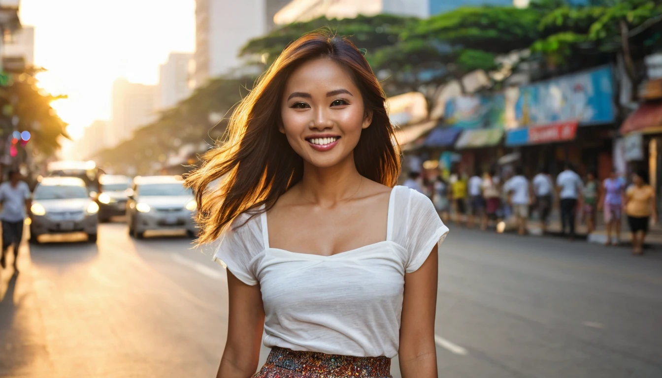 Description: Capture a slender, Asian-Hispanic-Filipina woman with tanned brown skin, age 34, in a candid pose while walking down a bustling city street in downtown Manila. The setting sun casts twilight hues across the sky, adding a dramatic backdrop. Her long, thick, waist-length hair flows naturally as she smiles flirtatiously at the viewer. She wears a stylish, small skirt that complements her figure. Focus on her facial features, especially her flat nose and expressive eyes, using a photographic quality with a 2.8 aperture depth of field to create a bokeh effect, enhancing the realism and detail of her face and hair.
Photography Style: Photorealistic, medium shot, with emphasis on depth of field and evening lighting to highlight her facial and hair details.