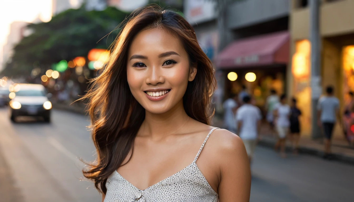 Description: Capture a slender, Asian-Hispanic-Filipina woman with tanned brown skin, age 34, in a candid pose while walking down a bustling city street in downtown Manila. The setting sun casts twilight hues across the sky, adding a dramatic backdrop. Her long, thick, waist-length hair flows naturally as she smiles flirtatiously at the viewer. She wears a stylish, small skirt that complements her figure. Focus on her facial features, especially her flat nose and expressive eyes, using a photographic quality with a 2.8 aperture depth of field to create a bokeh effect, enhancing the realism and detail of her face and hair.
Photography Style: Photorealistic, medium shot, with emphasis on depth of field and evening lighting to highlight her facial and hair details.