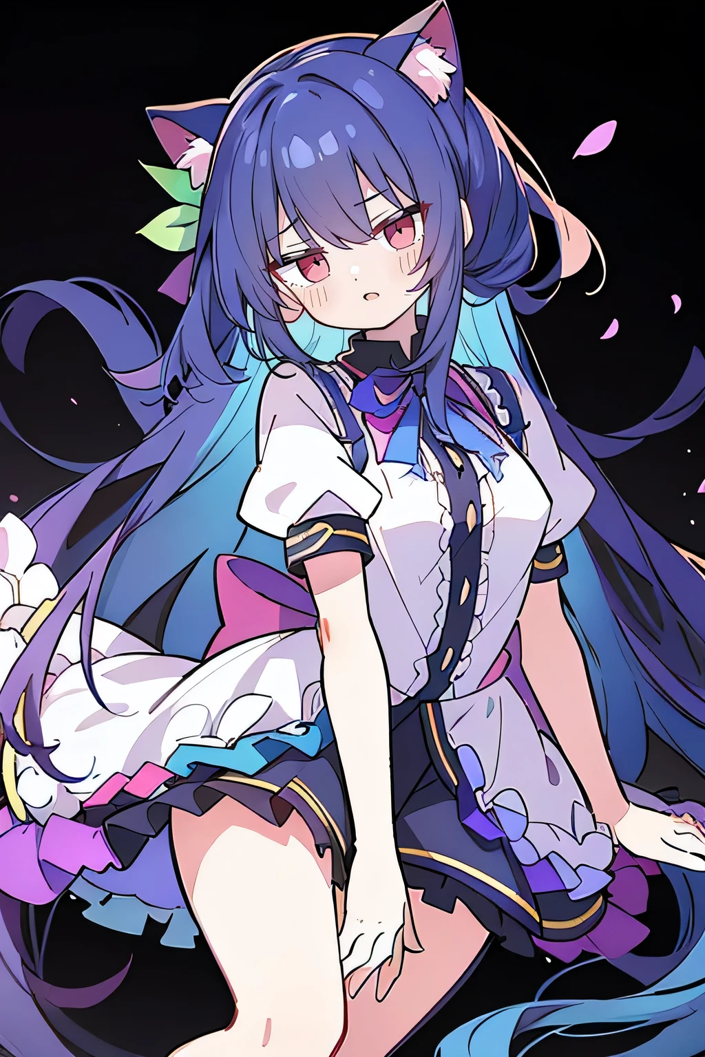 (masterpiece:1.2),Super detailed,lifelike,Expressive eyes,fair skin,perfect face shape,1 girl,
Japanese comics,Gorgeous blue hair,flowing blue hair,flowing clothes,Cat ears,Petals fall,beautiful lola,Baby Angel,
,Cross your legs,Gentle and peaceful background,The pavilion is cool and comfortable, (best quality:1.3)、(masterpiece:1.3)、(illustration:1.3)、(Super detailed:1.3)、(imide lenses:0.9)、1girl、Medium breasts、Purple Eyes、((dark blue hair) )、hair accessories、young、Clothing - Gladiolus、long hair、dark blue hair、indoor、black shorts、high socks、low ponytail、Expressionless、Upper Body、close up、coat、skirt