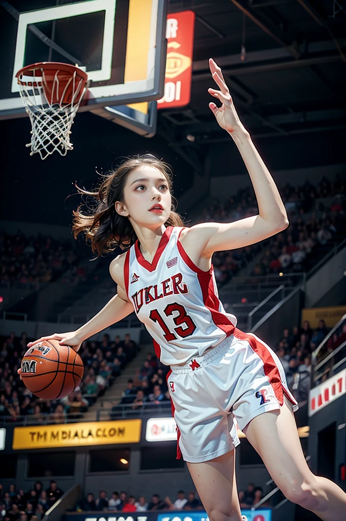(((best quality))), (((ultra detailed))), (((masterpiece))), illustration, ((1girl,female basketball player,solo)),(slam dunk:1.3),(dunking in the air:1.3), intensity, determined expression, flushed face, perspiration, almond-shaped eyes, mesh jersey, team name and number, form-fitting shorts, athletic build, high-top basketball shoes, indoor basketball gym, well-lit, wooden floor, scoreboard, spectators, stands, action, impact, ball through the hoop, victory, achievement, dedication, skill,(basketball:1.3)