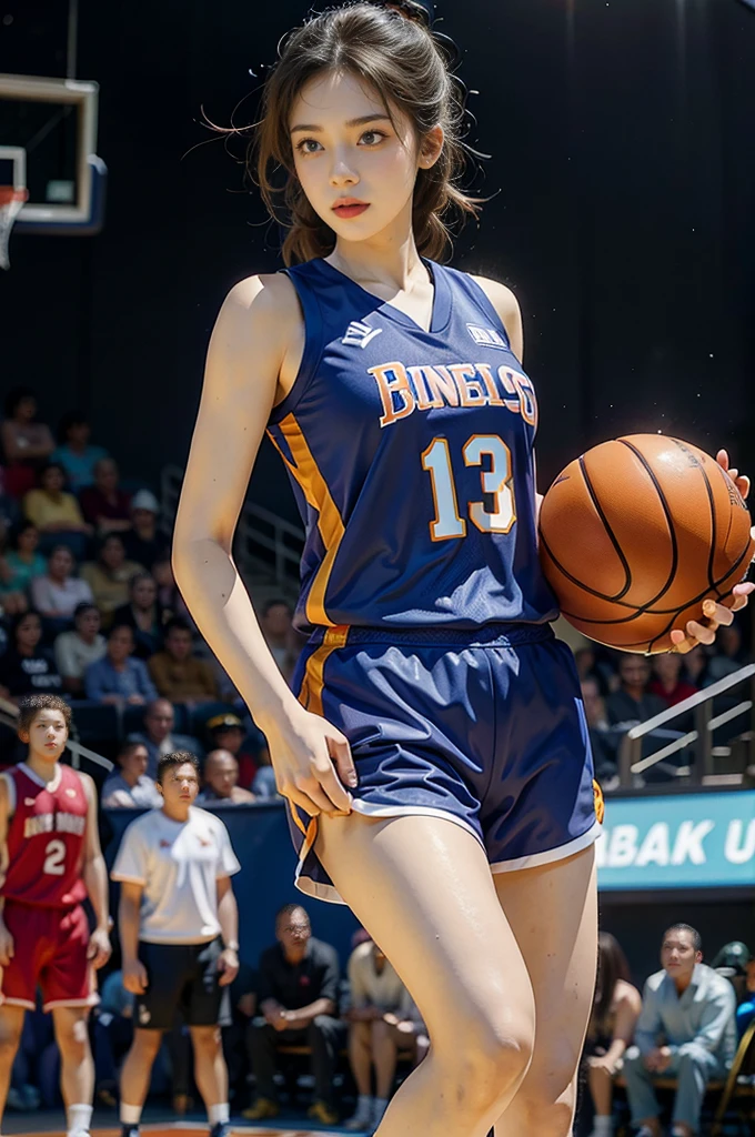 (((best quality))), (((ultra detailed))), (((masterpiece))), illustration, ((1girl,female basketball player,solo)),(slam dunk:1.3),(dunking in the air:1.3), intensity, determined expression, flushed face, perspiration, almond-shaped eyes, mesh jersey, team name and number, form-fitting shorts, athletic build, high-top basketball shoes, indoor basketball gym, well-lit, wooden floor, scoreboard, spectators, stands, action, impact, ball through the hoop, victory, achievement, dedication, skill,(basketball:1.3)