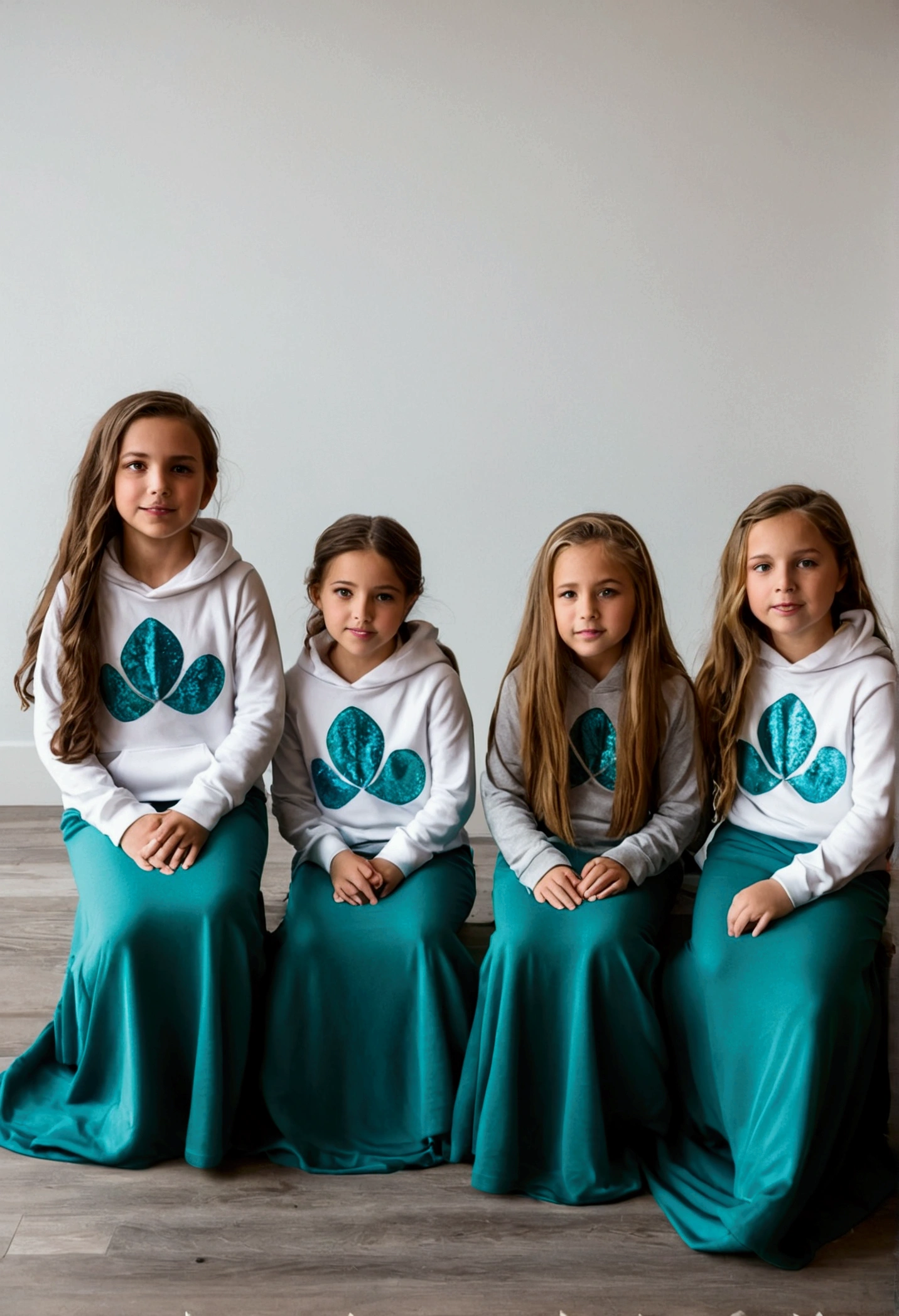 Four American girls wearing casual long mermaid floor length maxi skirt covering legs and loose hoodie sitting