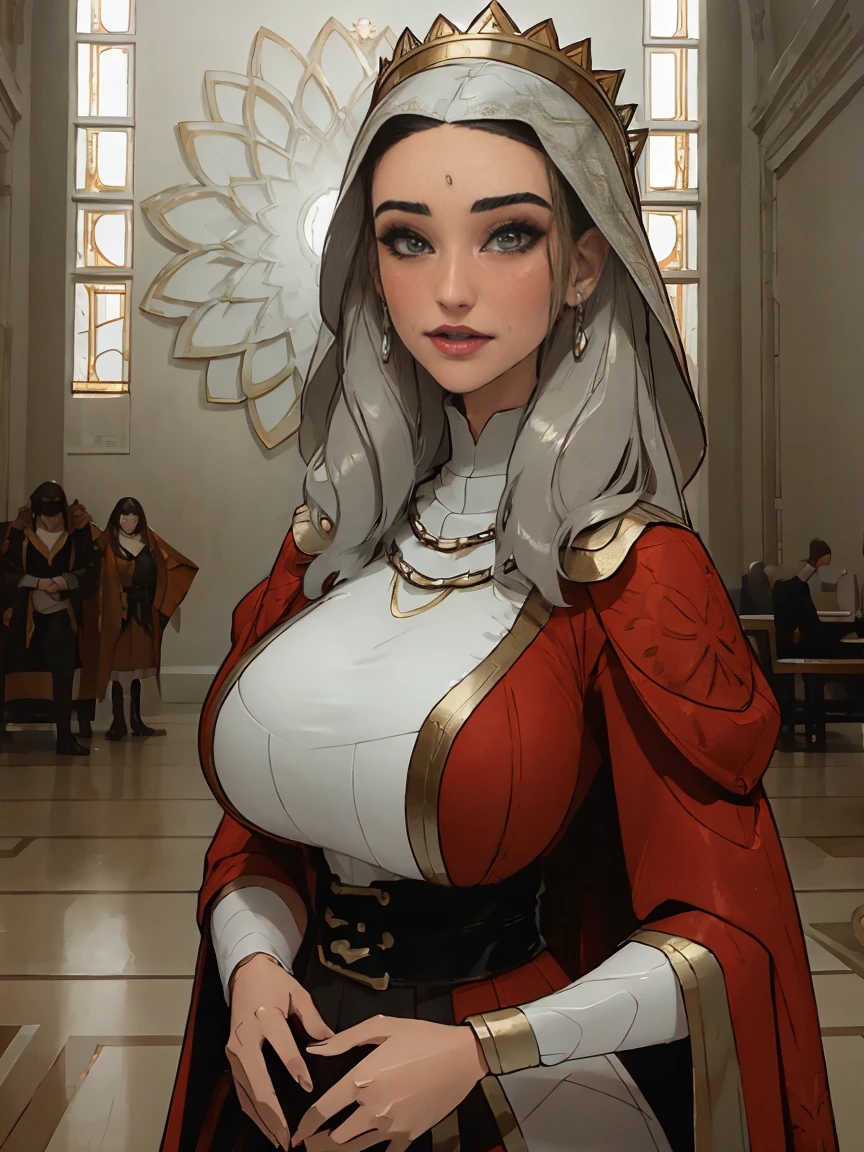 Beautiful and regal, imperious and aloof, busty athletic (thin) brunette queen with sharp facial features wearing a modest updo, dark red medieval dress, long sleeves, intricate patterns, scrollwork, wide neck, crown, veil, long dress, modest dress, tight bodice, (silver waist chain), medieval jewelry, Middle Ages, castle, rampart, wall, stained glass