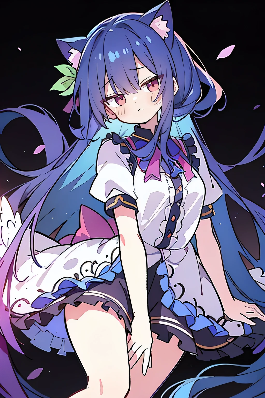 （masterpiece：1.2），Super detailed，lifelike，Expressive eyes，fair skin，perfect face shape，1 girl，
Japanese comics,Gorgeous blue hair,flowing blue hair,flowing clothes,Cat ears,Petals fall,beautiful lola,Baby Angel,
，Cross your legs，Gentle and peaceful background，The pavilion is cool and comfortable, （best quality：1.3）、（masterpiece：1.3）、（illustration：1.3）、（Super detailed：1.3）、（imide lenses：0.9）、1girl、Medium breasts、Purple Eyes、（（dark blue hair） ）、hair accessories、young、Clothing - Gladiolus、long hair、dark blue hair、indoor、black shorts、high socks、low ponytail、Expressionless、Upper Body、close up、coat、skirt