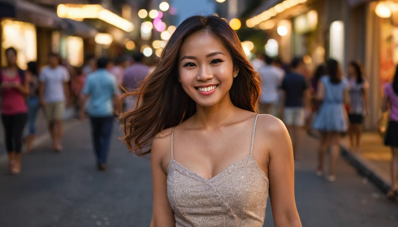 Description: A photorealistic image of a 34-year-old Asian-Hispanic-Filipina woman with dark, tanned skin, walking along a busy street in downtown Manila during twilight. Her long, waist-length hair is thick and beautifully frames her slender, body. She is dressed in a small, flattering skirt and her smile is flirtatious, capturing the essence of a warm, lively evening. The city lights blur in the background with a bokeh effect created by a 2.8 aperture depth of field, focusing sharply on her face to capture the richness of her facial expressions and the natural look of her hair.
Photography Style: Medium shot, photorealistic, with a focus on enhancing the detail and textures of her skin and hair against the backdrop of an urban evening.