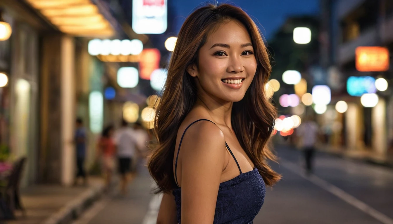 Description: A photorealistic image of a 34-year-old Asian-Hispanic-Filipina woman with dark, tanned skin, walking along a busy street in downtown Manila during twilight. Her long, waist-length hair is thick and beautifully frames her slender,  body. She is dressed in a small, flattering skirt and her smile is flirtatious, capturing the essence of a warm, lively evening. The city lights blur in the background with a bokeh effect created by a 2.8 aperture depth of field, focusing sharply on her face to capture the richness of her facial expressions and the natural look of her hair.
Photography Style: Medium shot, photorealistic, with a focus on enhancing the detail and textures of her skin and hair against the backdrop of an urban evening.
