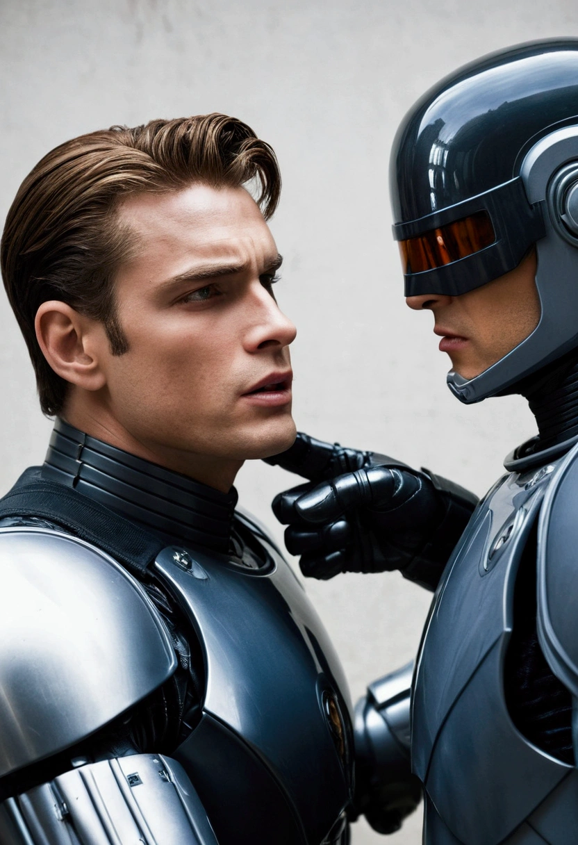 A young handsome Robocop with a beautiful face Getting slapped by a big-breasted villain pain Open your mouth wide