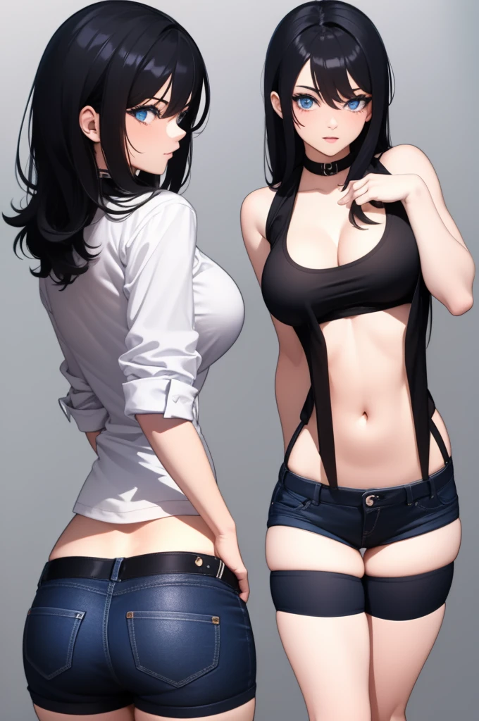 Create a girl with black hair and blue eyes wearing a short white shirt, which showed her breasts and was wearing bright blue shorts and had a big butt which she would be turning her back to you and would only be showing you her butt