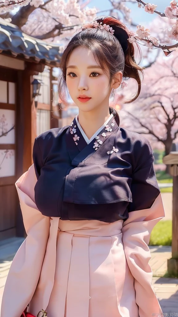 (best quality, 8K, masterpiece: 1.3), ((((((Incredibly huge breasts: 0.8))))), single ponytail, (beautiful face:1.3), Cherry blossoms are in full bloom, full of cherry blossoms, floating cherry blossom petals, very cool, Authentic Korean Hanbok