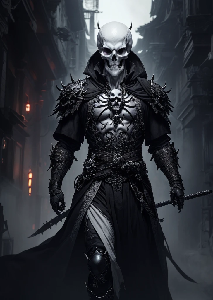 (非常detailed的8k壁纸)、Medium shot：A terrifying necromancer，Skull in matte grey、The eyes are pale and glowing、complex and、detailed、dramatic