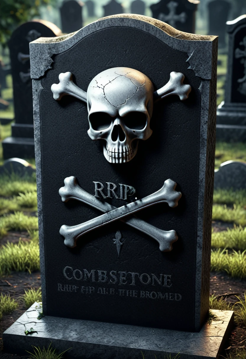 a close up of a tombstone with a skull and crossbone on it, 3 d model rip, tombstone, grave, tombstones, graveside, graveyard tombstones, graveyard background, gravestones, haunted gravestones, dead old, death is swallowed up in victory, from the black mage cemetery!!!, graveyard, rip, cementary, rip and tear