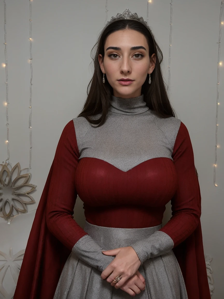 Gorgeous and sultry busty athletic (thin) brunette queen with sharp facial features wearing a modest updo, dark red medieval dress, long sleeves, intricate patterns, scrollwork, wide neck, crown, veil, long dress, modest dress, tight bodice, (silver waist chain), medieval jewelry, Middle Ages, castle, rampart, wall, stained glass
