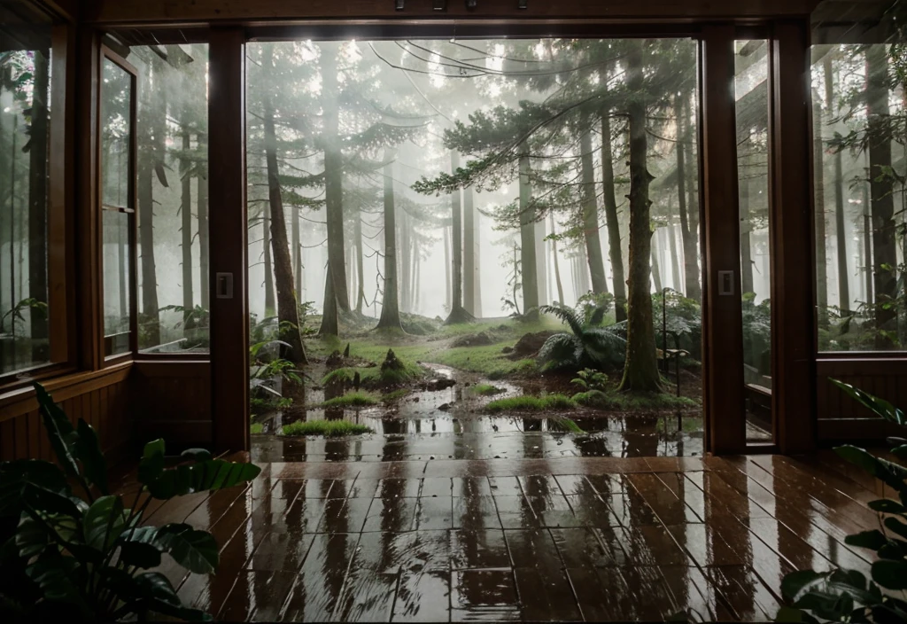 Rainy day in the forest, indoor landscape