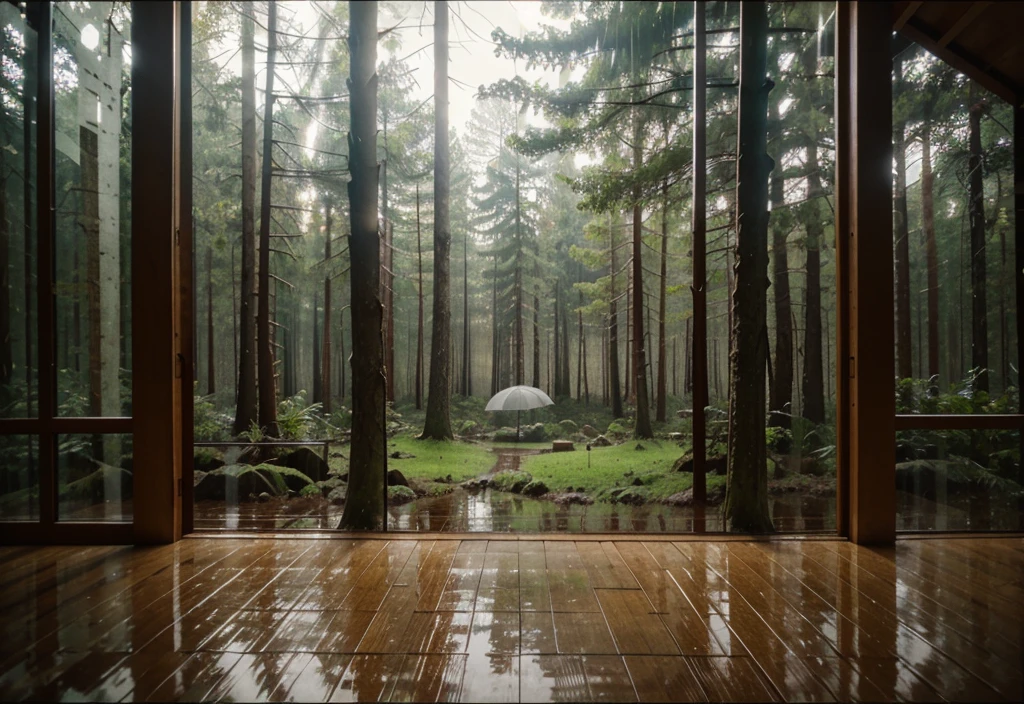 Rainy day in the forest, indoor landscape  