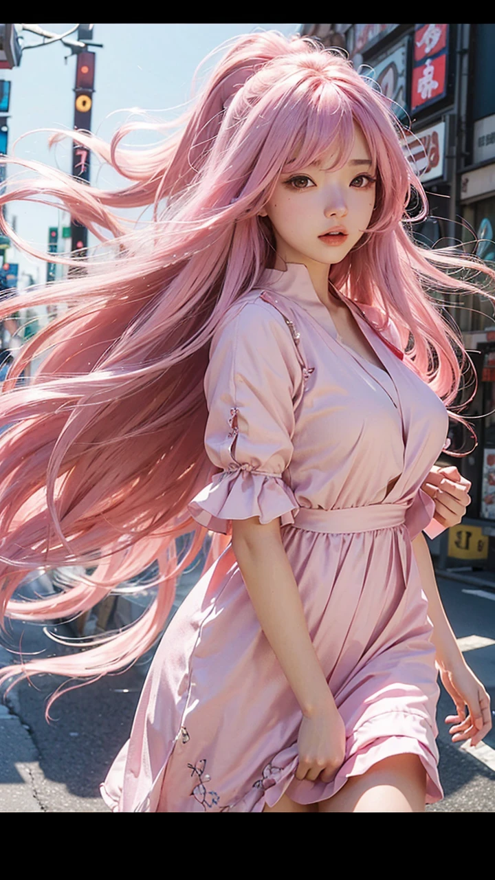 SUCH, Kabukicho, long hair fluttering in the wind, pink hair, High Definition, dress