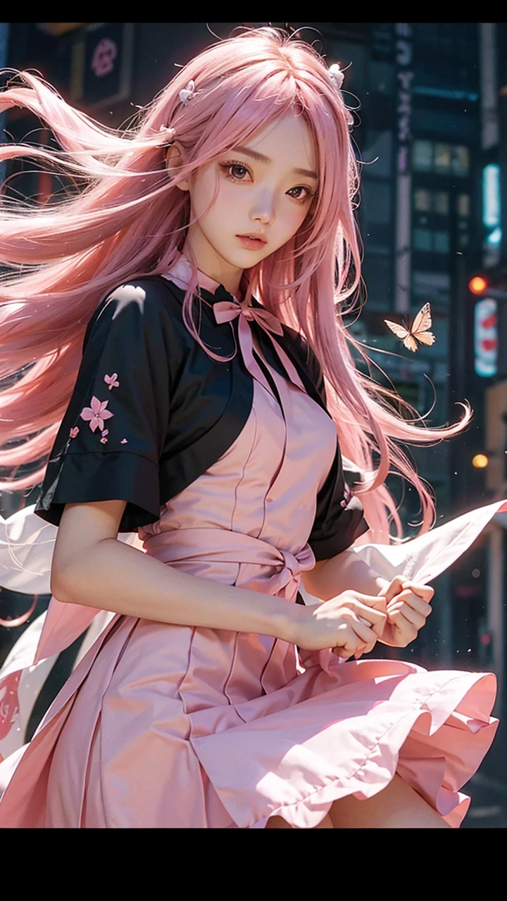 SUCH, Kabukicho, long hair fluttering in the wind, pink hair, High Definition, dress